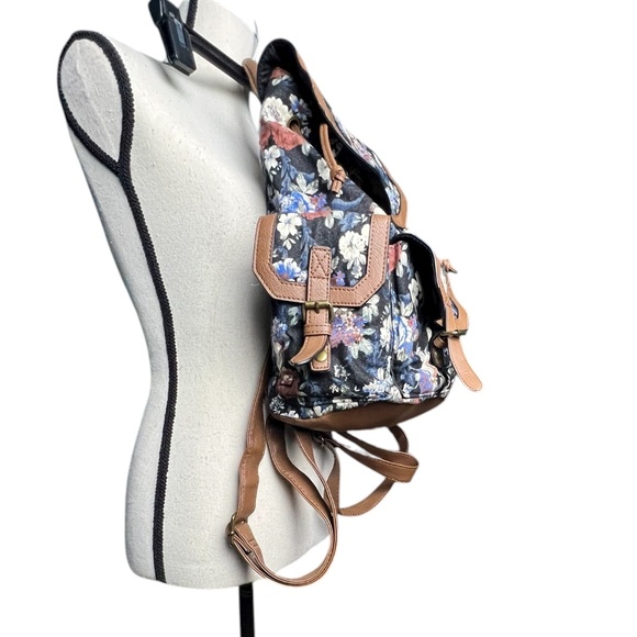Madden Girl Floral Canvas Backpack with Faux Leather Trim – Boho Vintage Style - Picture 3 of 10